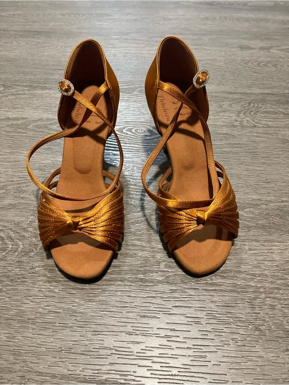 Satin Knot Front Ankle-Strap Heels in Metallic Copper Have Small Rubs